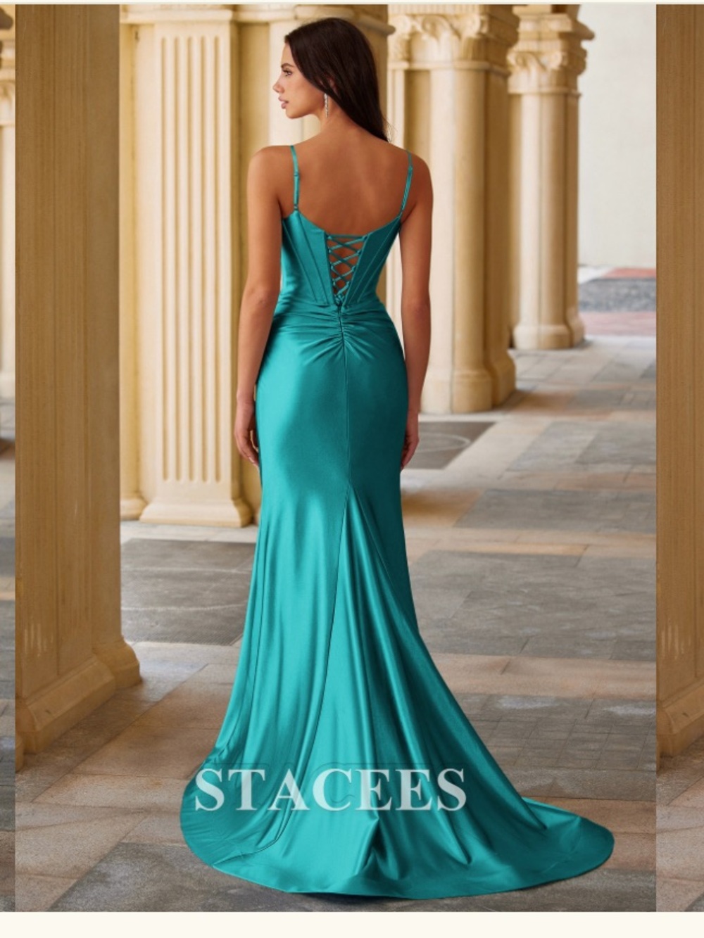 NWT | Stacees | Mermaid Teal Spaghetti Strap Ruched Corset Prom Dress with Slit - Picture 5 of 5